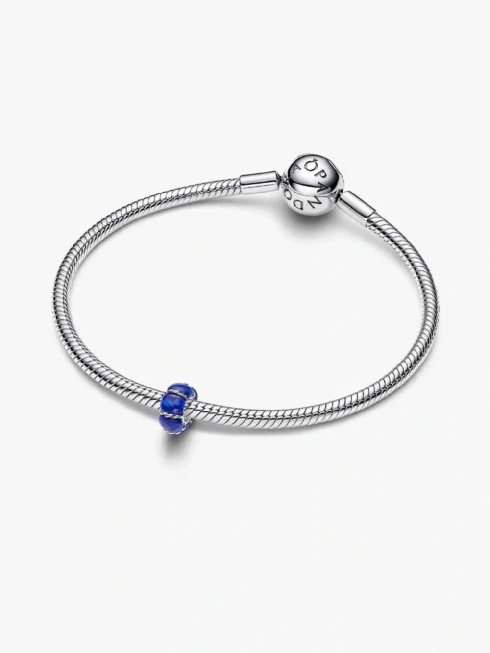 Pandora Sterling Snake Chain Bracelet with Cobalt Blue Murano Charm